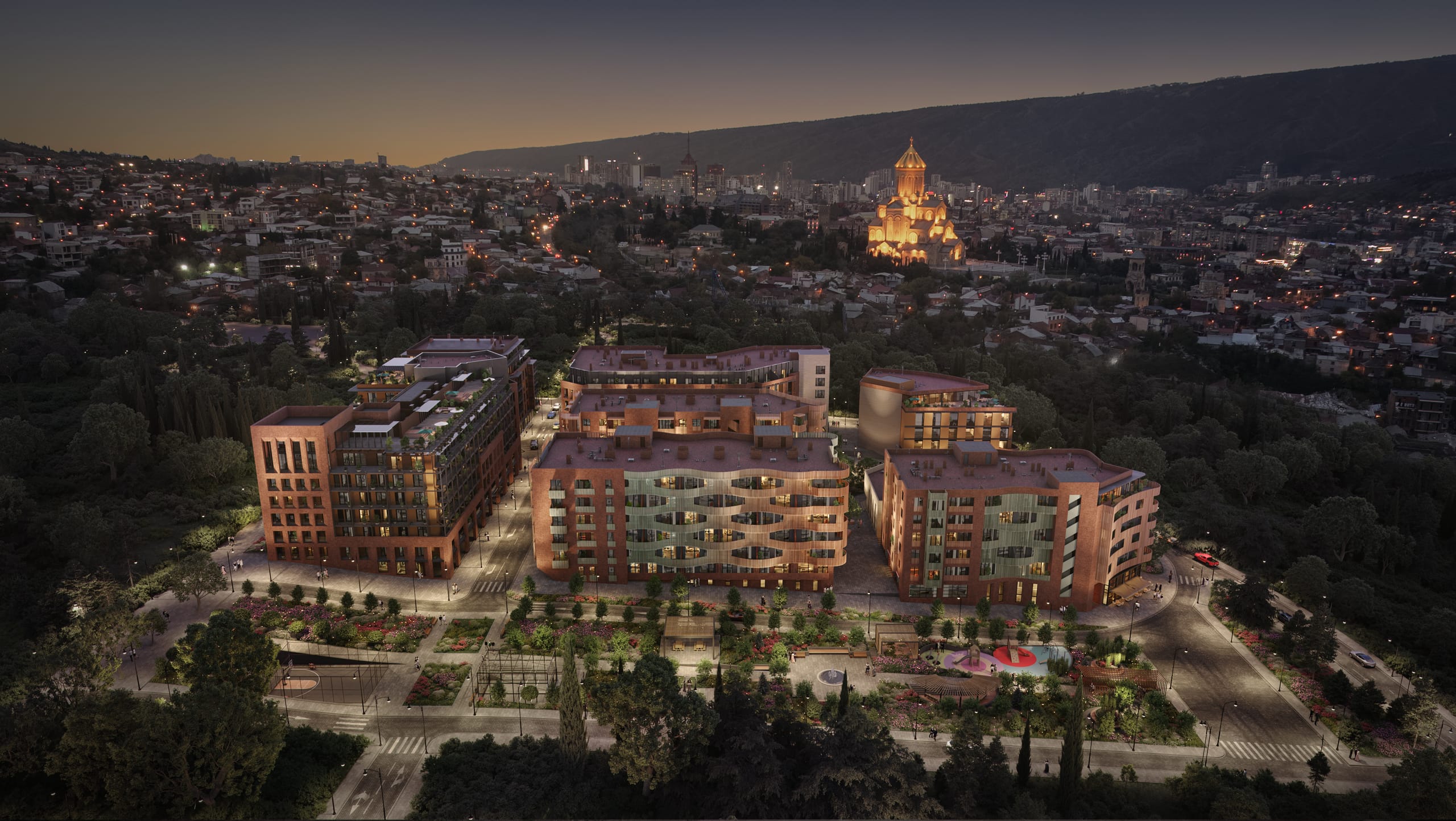 Arsenal Residence aerial view with Tbilisi skyline